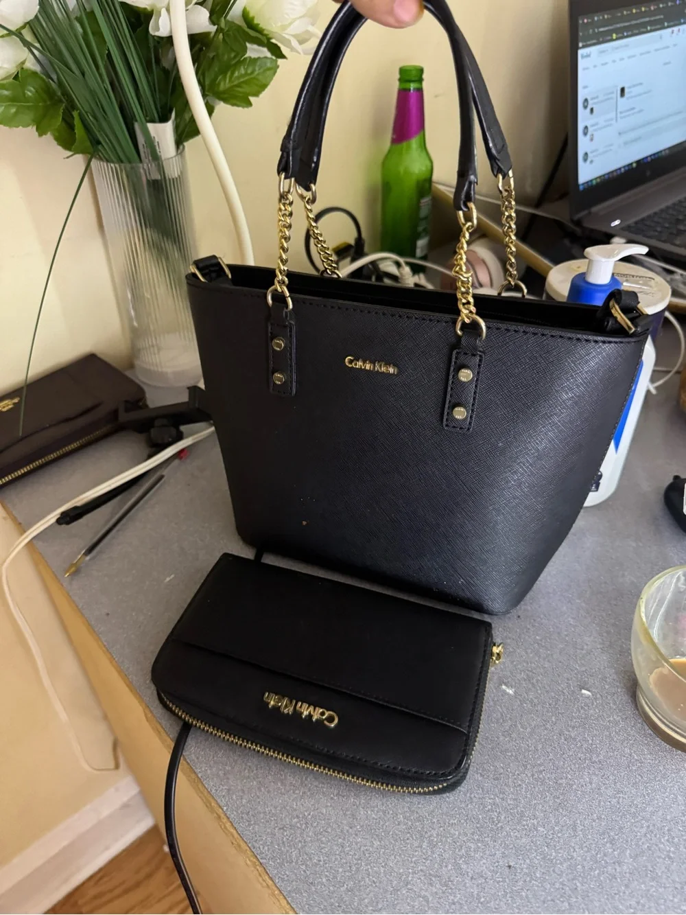 Calvin Klein Black Saffiano Tote with Gold Chain Handles and Matching Wallet